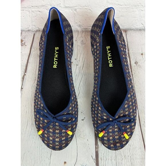 NEW! ROTHY'S blue brown gold check bow flat ballerina shoes 10 - Picture 1 of 10